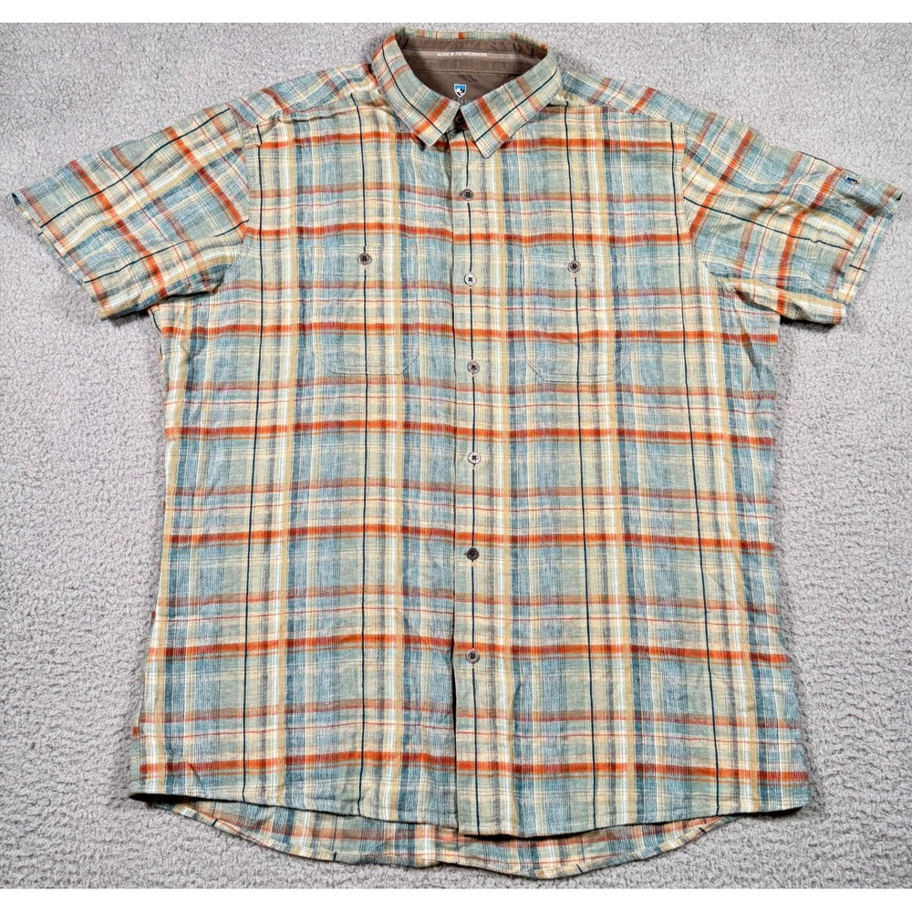 Kuhl Skorpio Men's L Beige Plaid Linen Blend Short Sleeve Button Up Hiking